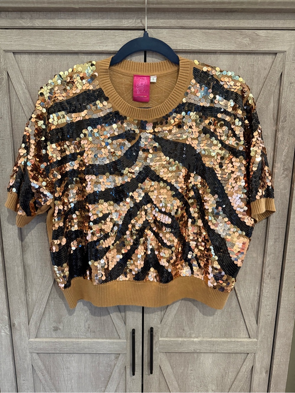 QUEEN OF SPARKLES Camel Knit Sweater with Gold And Black Tiger Pattern Sequins